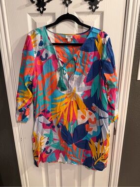 J. Crew Vibrant Coral, Turquoise & Pink Tropical Print Top / Swim Coverup